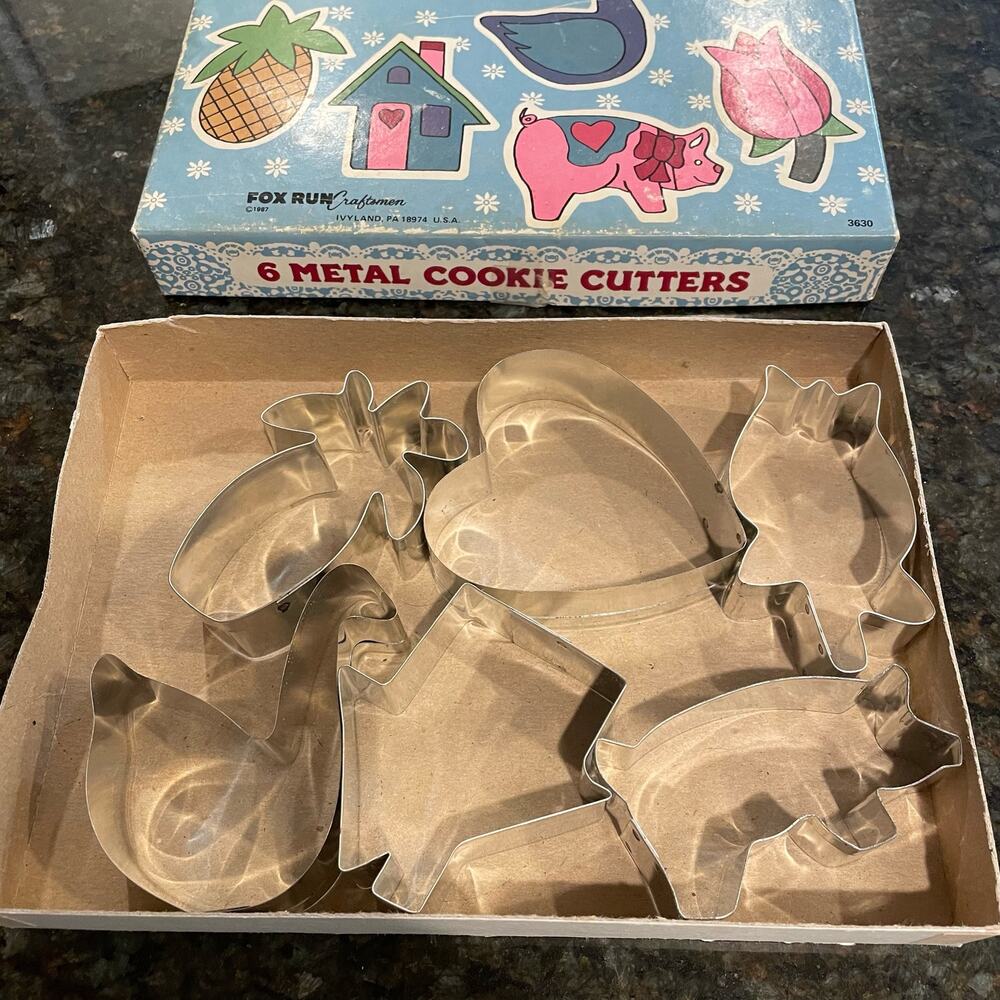 Vintage Metal Cookie Cutters Fox Run Country Collection 3630 set of 6 box 1987